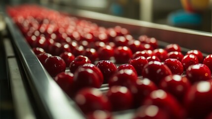 Poster - Juicy red fruits are lined up on a conveyor belt in a bustling facility dedicated to juice production. Workers carefully monitor the process as the fruits are prepared and sorted for juicing.