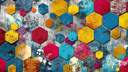 Canvas Print - Colorful hexagonal patterns on a textured background, ideal for graphic design use.