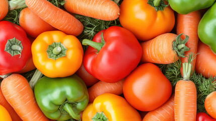 Fresh vegetables including colorful bell peppers and carrots create vibrant display. mix of red, yellow, green, and orange adds lively touch to any meal preparation