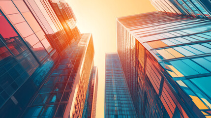 Fototapete - Low angle view of modern glass skyscrapers reflecting warm sunset light in a bustling city business district