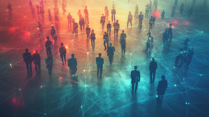 Poster - Businesspeople are walking and connecting in a modern city with network lines representing global communication