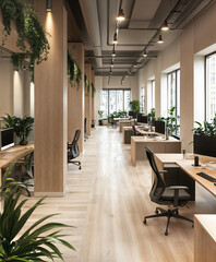 Office open space, wood, natural, green plants, design, luxurious, zen, fengshui