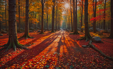 Poster - Forest with a path in the middle. The path is surrounded by trees and leaves. The leaves are orange and red