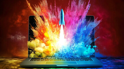 Poster - Startup concept showing a rocket launching from a laptop with colorful smoke and explosions