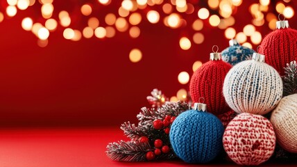 Wall Mural - Recycling during festive seasons promotes sustainability. Colorful knitted Christmas ornaments featuring festive baubles, perfect for holiday decoration and seasonal imagery.