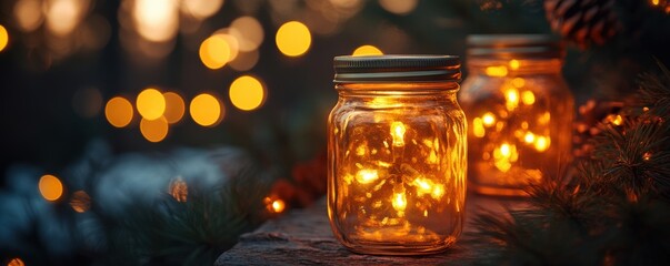 Wall Mural - Recycling during festive seasons promotes sustainability. Outdoor lighting featuring warm Mason jar lights, perfect for backyard decor, enhancing ambiance and style in various outdoor settings.