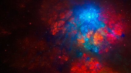 Wall Mural - space background. colorful fractal red and blue nebula with star field. digital painting