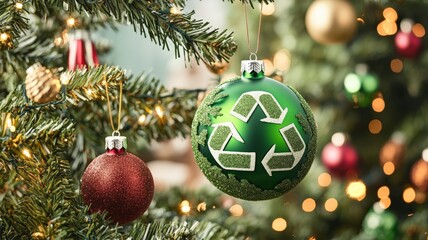 Wall Mural - Recycling during festive seasons promotes sustainability. A vibrant eco-friendly Christmas image featuring sustainable holiday elements, perfect for conveying a green festive spirit.