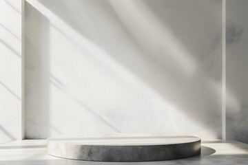 Poster - Minimalist Interior Design with a Circular Platform Against a Light Wall and Dramatic Shadows for Product Display or Artistic Presentation