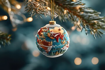 Wall Mural - Recycling during festive seasons promotes sustainability. A Christmas ornament shaped like a globe hangs on a pine leaf, showcasing a festive decor element for holiday-themed designs.