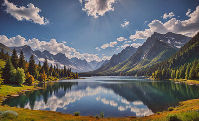 Fototapete - Lake with mountains in the background. The mountains are covered in snow. The sky is blue and cloudy