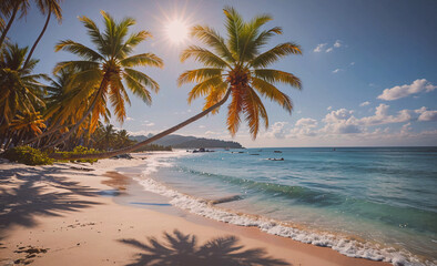 Poster - Palm tree is on the beach with the ocean in the background. The palm tree is on the left side of the image