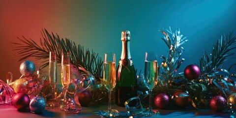 party table adorned with shimmering streamers, champagne bottles, and festive decor