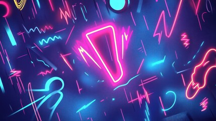 Poster - A vibrant, abstract design featuring neon shapes and patterns against a dark background.