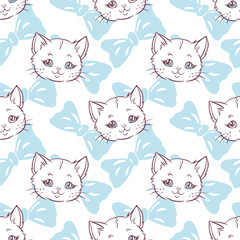 Wall Mural - Hand drawn kids seamless pattern featuring cute kittens and blue bows on a white background vector illustration