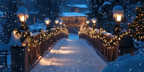 snow-covered bridge adorned with twinkling lights and decorative garlands, a picturesque winter scen