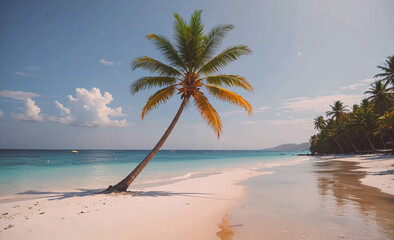 Poster - Palm tree is standing on a beach. The palm tree is tall and has a trunk. The beach is sandy and has a clear blue ocean