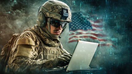 soldier using laptop near american flag digital background