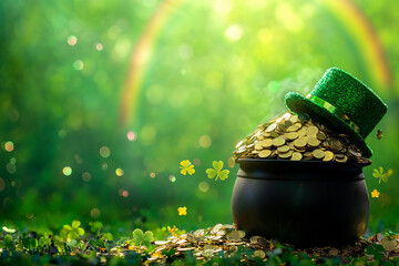 traditional st patrick day cauldron full of golden coins, rainbow behind, green beer, leprechaun hat
