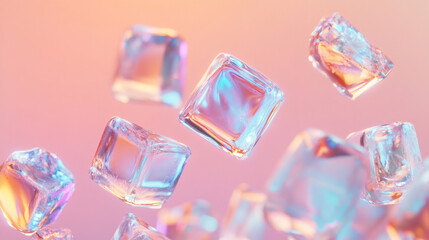 Aufkleber - Ice cubes float on a soft pink backdrop, creating a visually refreshing and cool scene