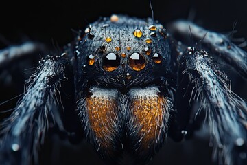 Macro photograph of the head of a spider, ultra-sharp close-up on dark.