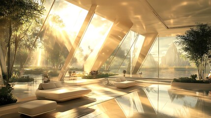 Wall Mural - Modern Lakeside Living Room Sunlight Streams Through Glass Walls