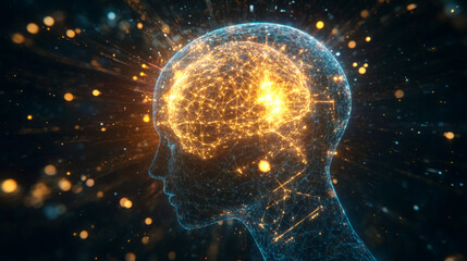 Poster - Plexus effect showing human brain glowing and expanding, symbolizing the power of artificial intelligence