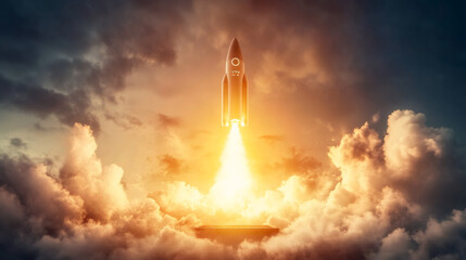 Aufkleber - Spaceship ascending through sunset clouds, beginning its voyage to explore the cosmos