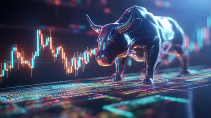 Leinwandbilder - Digital screen displaying candlestick chart and financial data with metallic bull symbolizing a bullish market trend