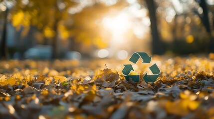 Wall Mural - Recycle Symbol Among Autumn Leaves In Sunlight