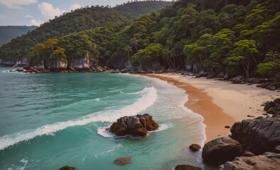 Poster - Rocky beach with a large body of water in the background. The water is blue and the rocks are scattered throughout the beach