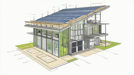 Leinwandbilder - This innovative two-story real estate design has solar panels, large glass windows, and outdoor spaces, perfect for eco-friendly contemporary living.