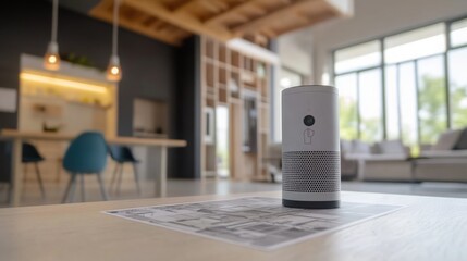 Aufkleber - A sleek AI device stands prominently on a table in a contemporary living area adorned with natural light.