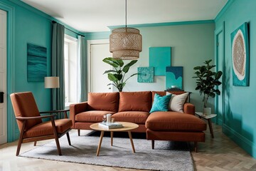 Wall Mural - Scandinavian Style Cozy Living Room with Terracotta Sofa and Turquoise Wall Decor