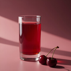 Thin glass filled with cherry juice on a glossy surface beside fresh cherries in soft light