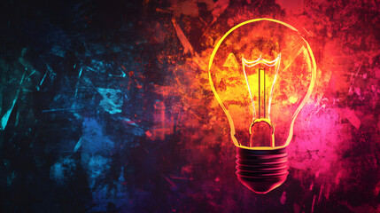 Poster - Vibrant grunge wall with a glowing light bulb, representing creativity, innovation, and inspiration
