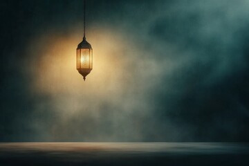 Poster - Softly glowing lantern illuminates a serene area at night with a bluish background