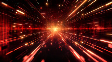 Aufkleber - Vibrant red and orange light trails merge in a digital tunnel, forming a captivating and futuristic visual