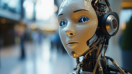 Aufkleber - A state-of-the-art AI robot with bright blue eyes is prominently displayed in a contemporary real estate setting.