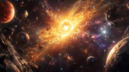 Poster - Supernova causing planets and asteroids to explode, shaping a stunning cosmic scenery in deep space