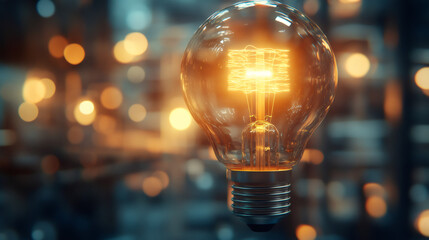 Poster - Glowing light bulb illuminating a blurred background, symbolizing new ideas, solutions, and the power of imagination