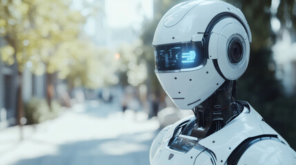 Aufkleber - Urban navigation by a white humanoid robot, with digital display featuring futuristic technology and data processing