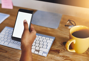 Wall Mural - Phone, hands and person with white screen, computer and work from home with freelancer. Social media, app and notification at desk with online, texting and technology with internet search and mockup