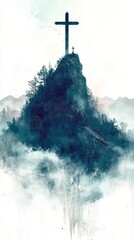 Canvas Print - Mountain peak with a cross surrounded by mist creates a serene atmosphere