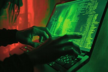 coding session. programmer writing fresh html lines. close-up of laptop and hand. work time. web des
