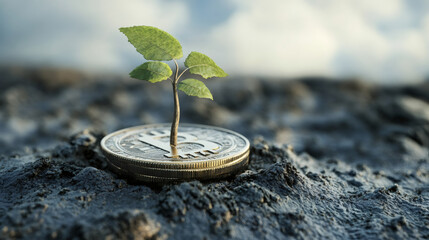 Leinwandbilder - Growth, investment, and finance symbolized by seedling sprouting from pile of cryptocurrency coins in rich soil