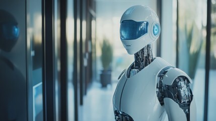 Fototapete - A robotic assistant stands in a sleek real estate office, equipped with advanced AI technology. The environment features glass walls and contemporary design, highlighting innovation in the industry.