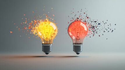 Poster - Two light bulbs exploding, one orange and one red, represent opposite concepts such as idea and no idea, or innovation and failure