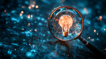 Poster - Magnifying glass focusing on glowing light bulb connected with network lines above digital circuit board, symbolizing innovation and technological research