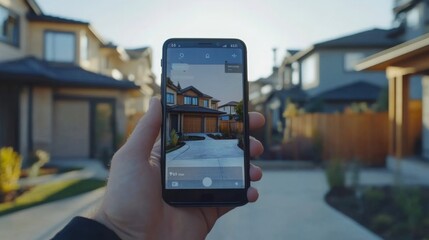 Poster - A smartphone held in one hand displays a real estate listing of a contemporary home.